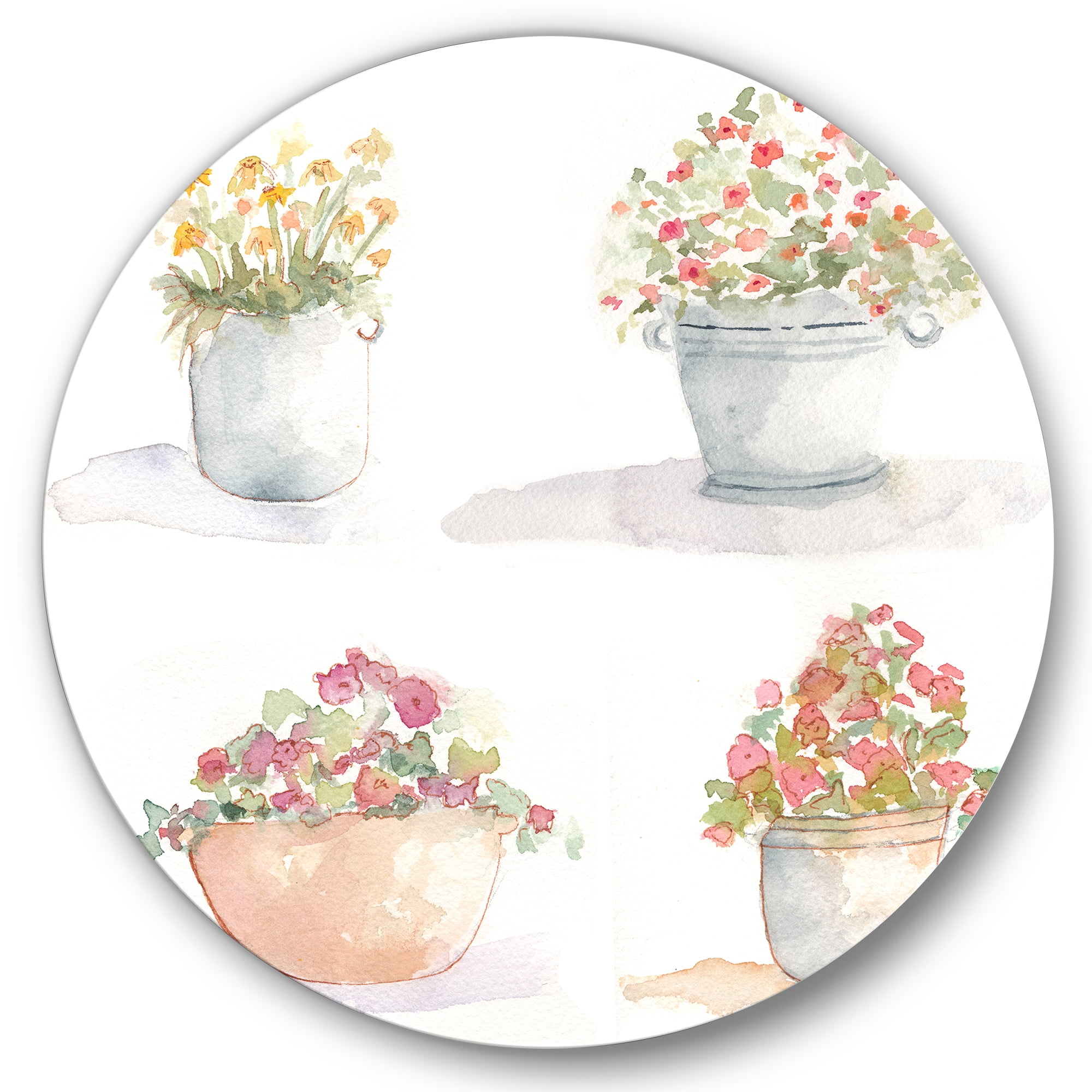 Designart 'Abstract Four Outdoor Flower Pots' Traditional Circle Metal Wall Art 11x11 - Disc of 11