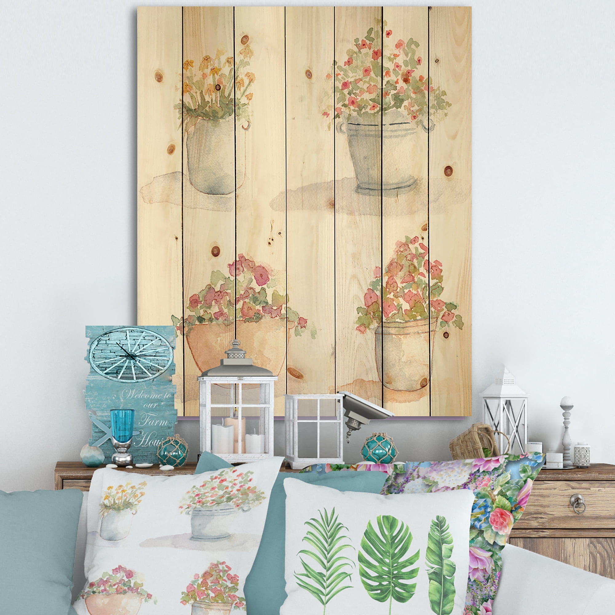 Designart 'Abstract Four Outdoor Flower Pots' Traditional Print on Natural Pine Wood