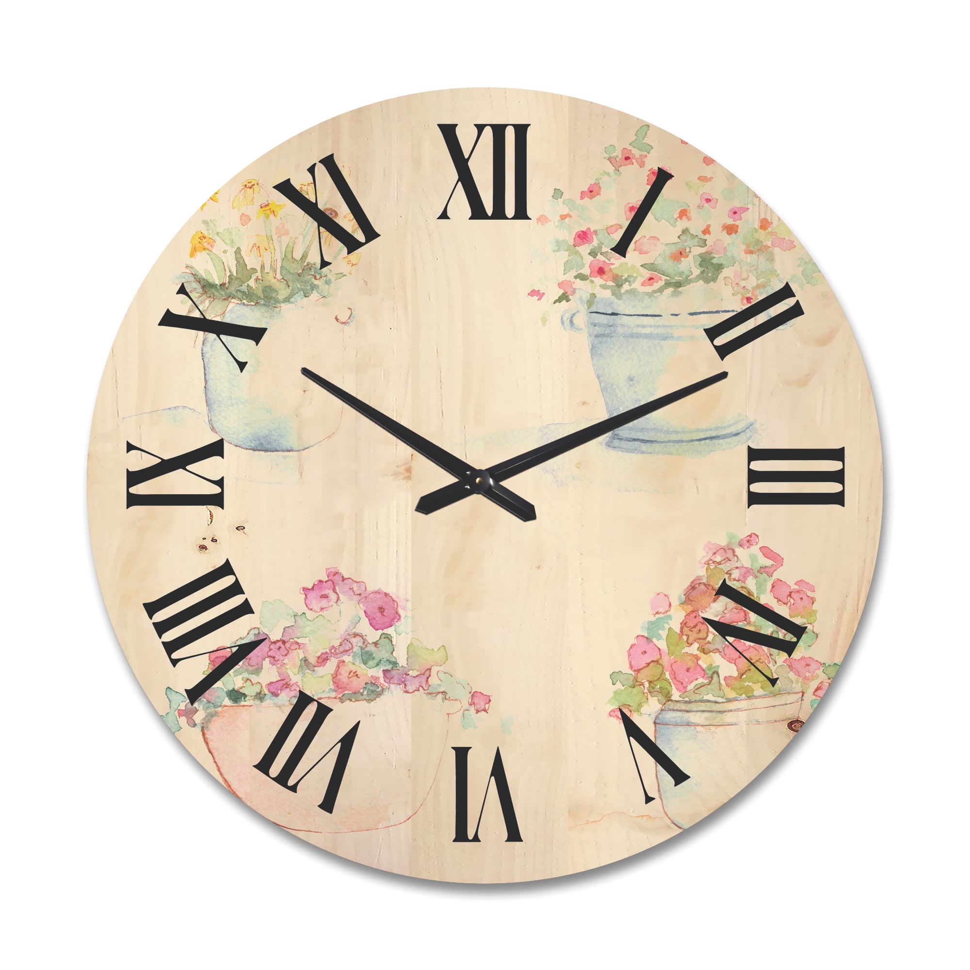 Designart 'Abstract Four Outdoor Flower Pots' Traditional Wood Wall Clock