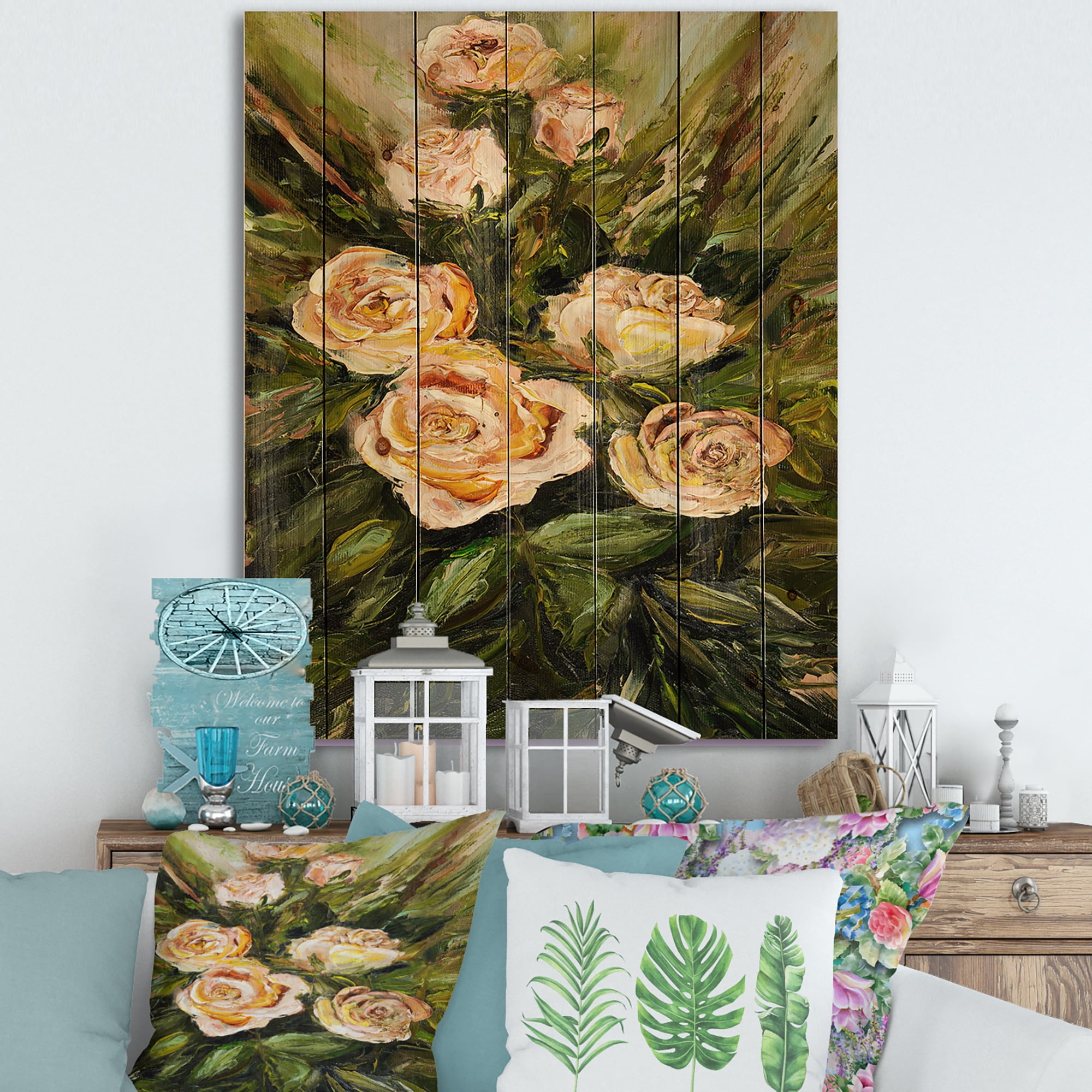 Designart 'Abstract Four VIntage Pink Roses' Traditional Print on Natural Pine Wood