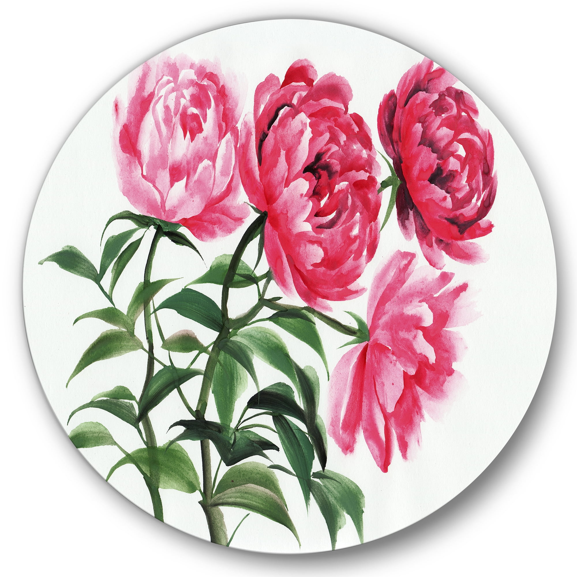Designart 'Abstract Four Vintage Pink Peonies' Traditional Circle Metal Wall Art 11x11 - Disc of 11