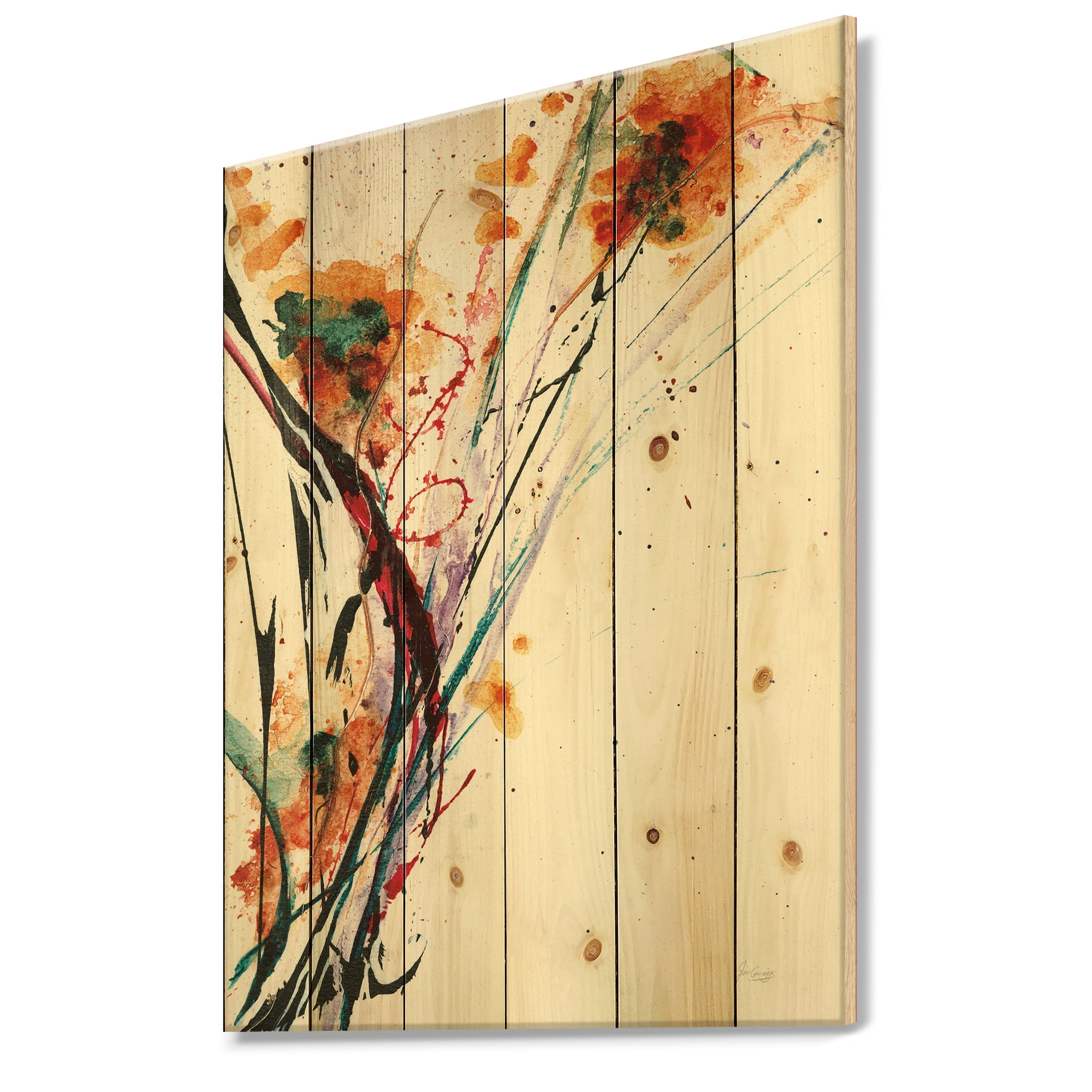 Designart 'Abstract Fractal Orange Flowers' Traditional Print on Natural Pine Wood