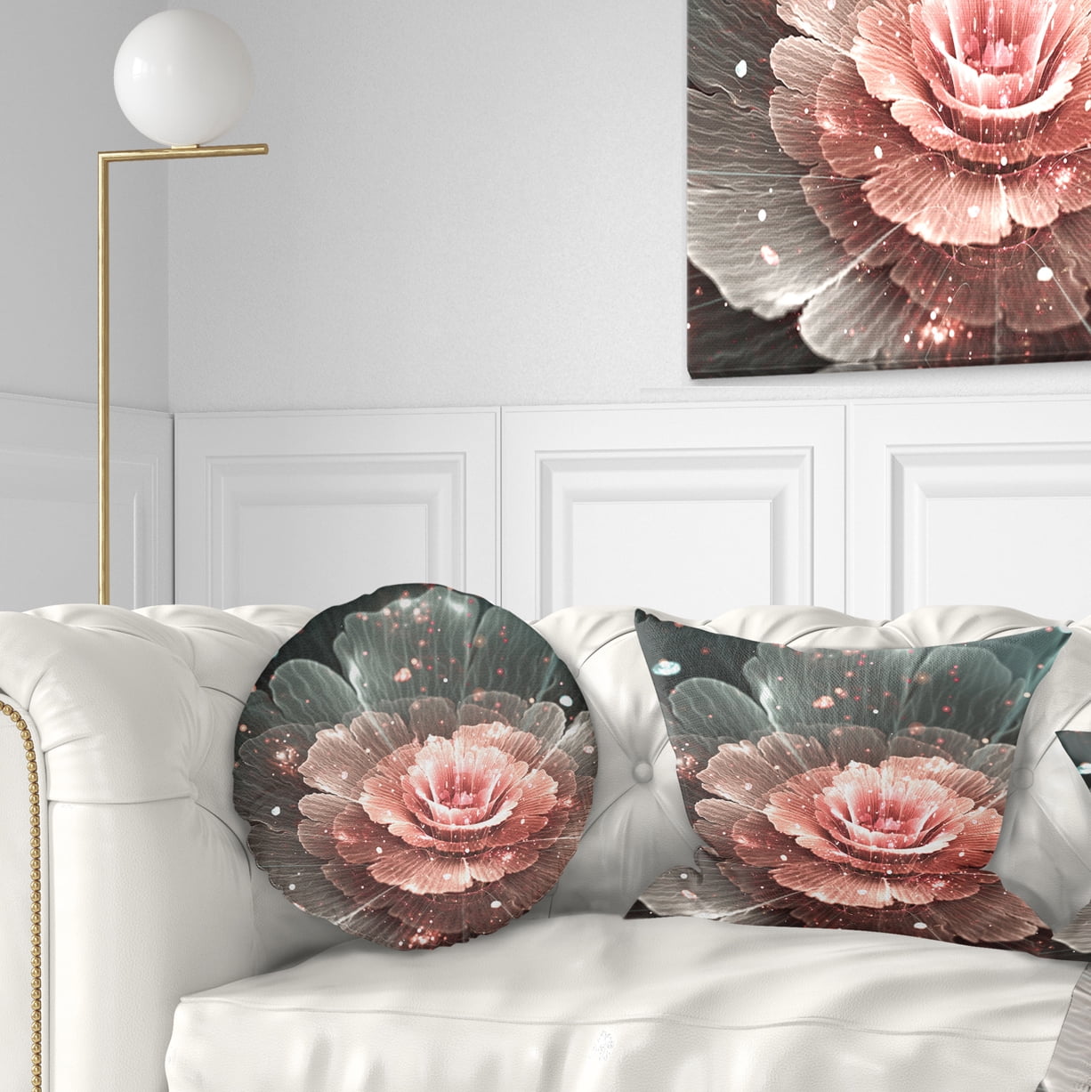 Designart Abstract Fractal Pink Gray Flower - Floral Throw Pillow - 12x20