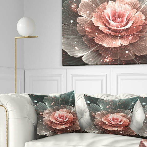 Designart Abstract Fractal Pink Gray Flower - Floral Throw Pillow - 16x16