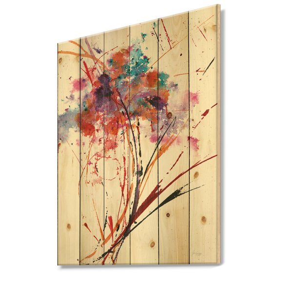 Designart 'Abstract Fractal Red Flowers' Traditional Print on Natural Pine Wood