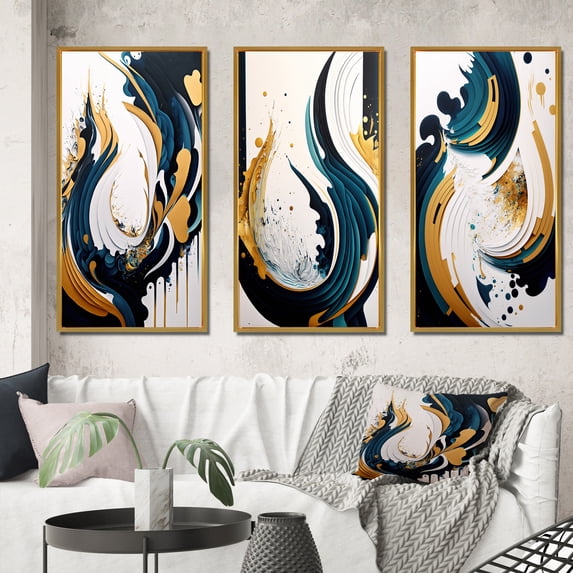 Designart "Abstract Fusion in Blue and Gold V" Abstract Framed Wall Art Set Of 3 - Blue Transitional Frame Canvas Set For Living Room Decor