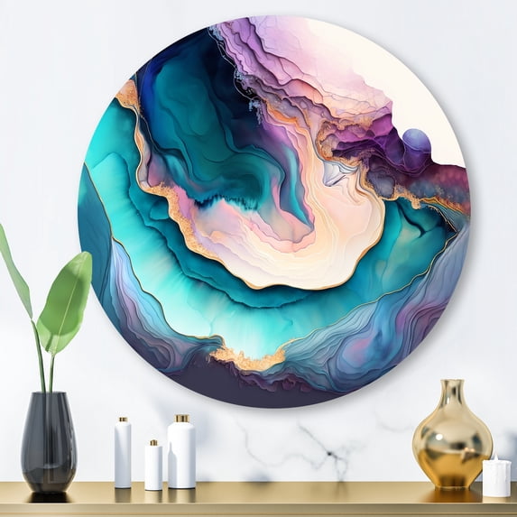 Designart "Abstract Geode Blue and Purple I" Abstract Marble Round Metal Art