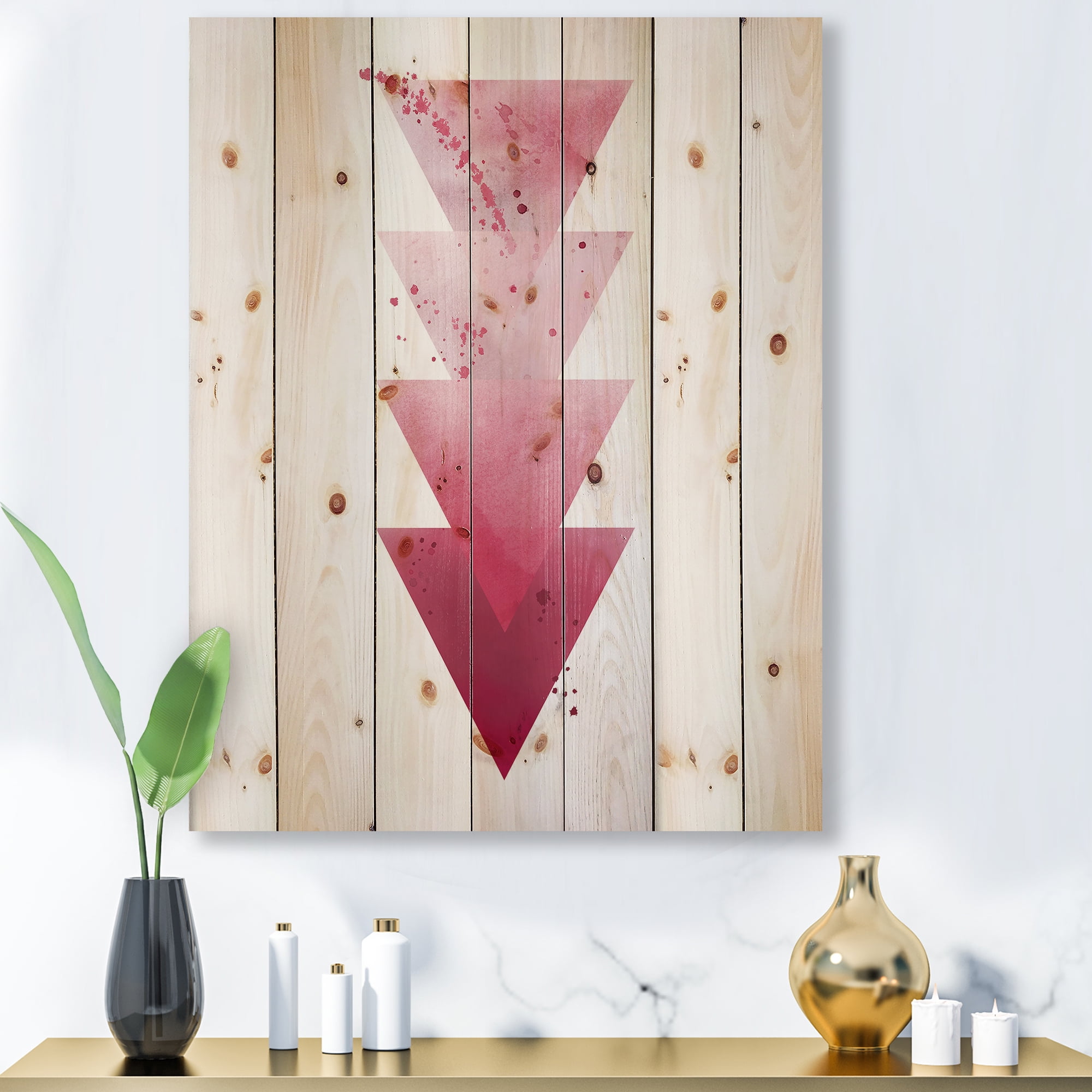 Red Triangles Abstract Art on Natural Pine Wood