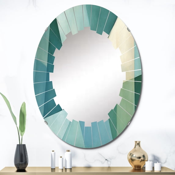 Designart "Abstract Geometric Fusion in Green and Blue II" Abstract Shapes Round Wall Mirror - Modern Oval Printed Decorative Oversized Mirror - Multiple Color Options