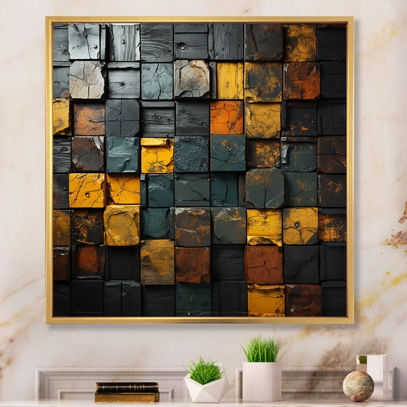 Designart "Abstract Geometric Grunge Gold Cubes I" Abstract Framed Wall Art - Yellow Abstract Geometric Bedroom Framed Canvas Wall Art