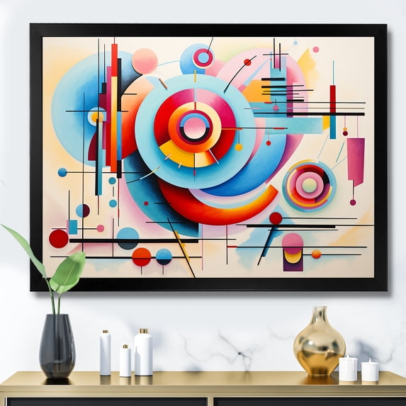 Designart "Abstract Geometric Vision in Blue and Pink III" Abstract Framed Wall Art Decor - Modern Blue Abstract Geometric Bedroom Framed Canvas Wall Art