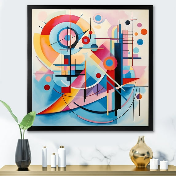Designart "Abstract Geometric Vision in Blue and Pink IV" Abstract Framed Wall Art Decor - Modern Blue Abstract Geometric Entryway Framed Wall Art