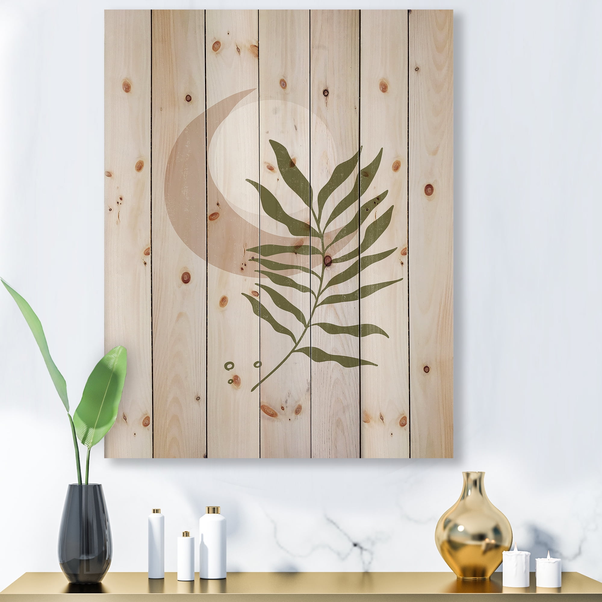 Designart 'Abstract Geometrical Leaf With Moon II' Modern Print on Natural Pine Wood