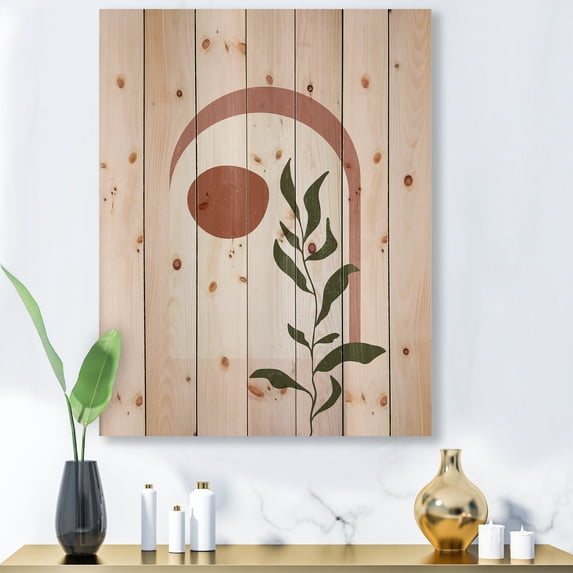 Designart 'Abstract Geometrical Leaf With Moon III' Modern Print on Natural Pine Wood