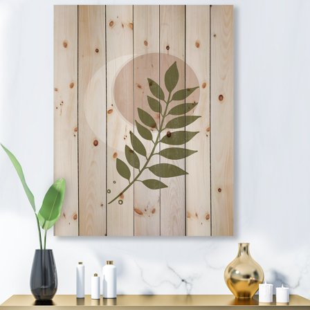 Designart 'Abstract Geometrical Leaf With Moon IV' Modern Print on Natural Pine Wood
