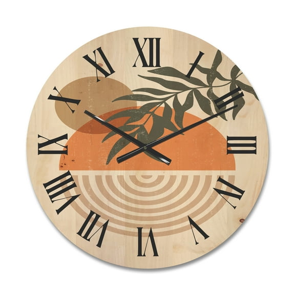 Designart 'Abstract Geometrical Moon and Sun With Leaf I' Modern Wood Wall Clock