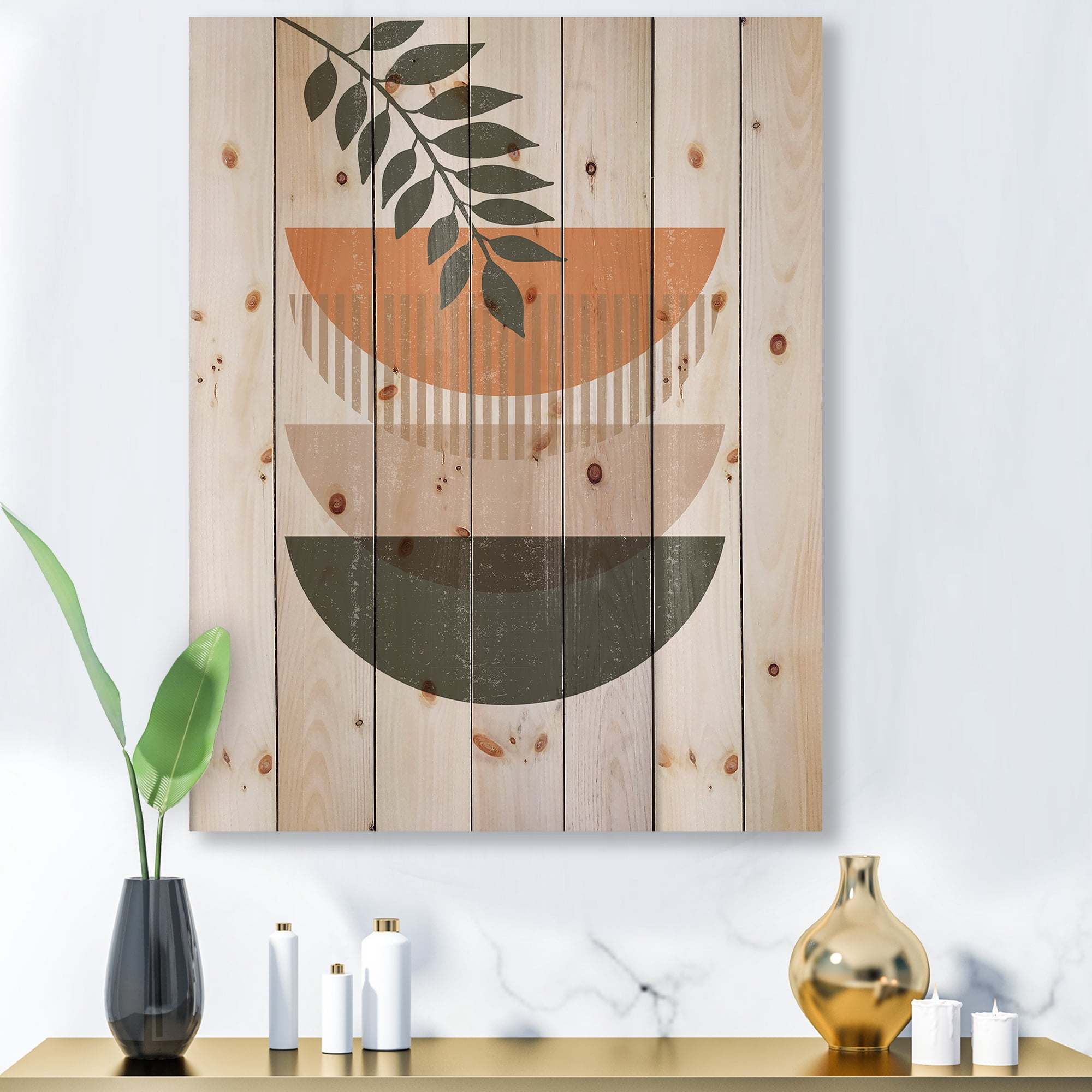 Designart 'Abstract Geometrical Moon and Sun With Leaf II' Modern Print on Natural Pine Wood