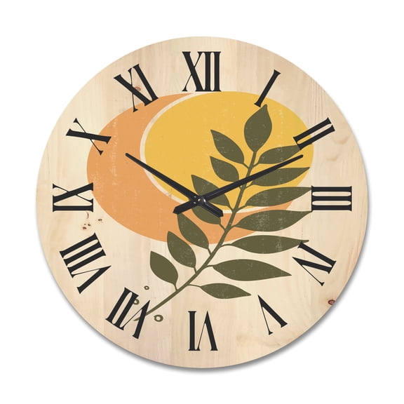 Designart 'Abstract Geometrical Moon and Sun With Leaf V' Modern Wood Wall Clock