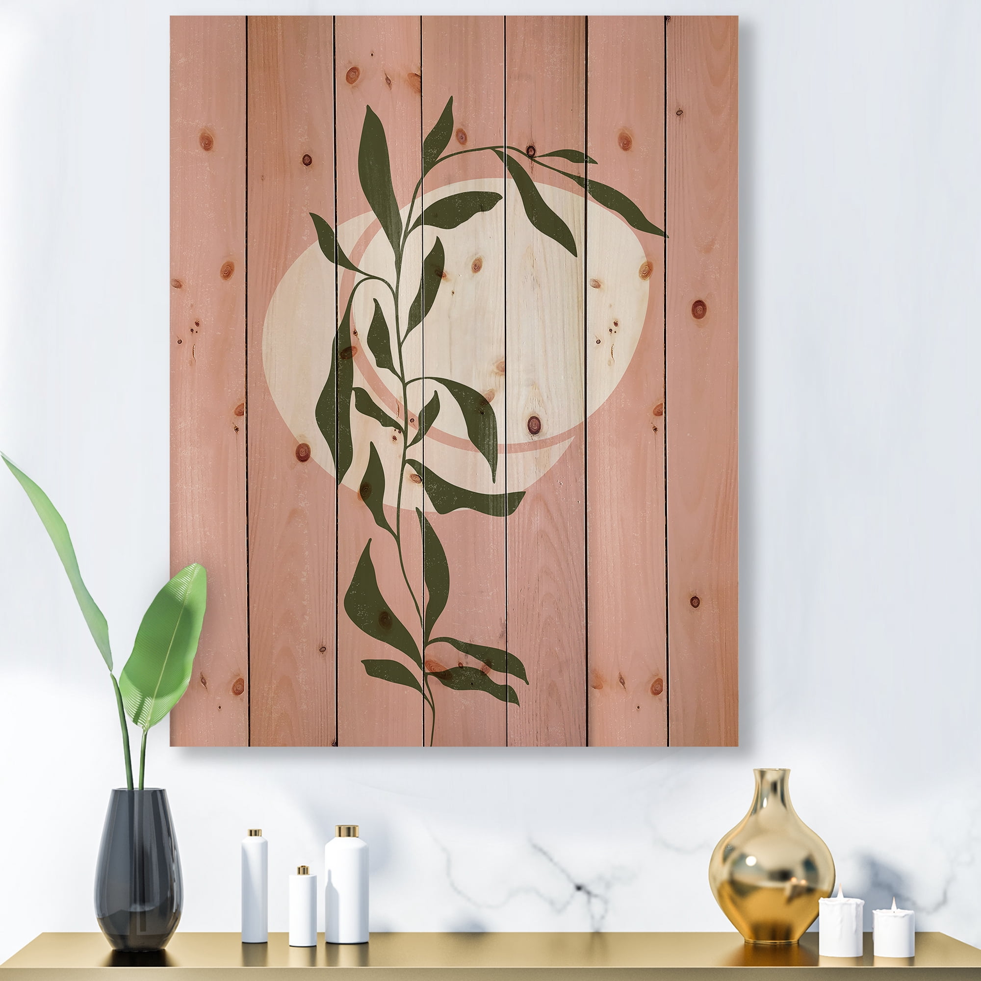 Designart 'Abstract Geometrical Moon and Sun With Leaf VI' Modern Print on Natural Pine Wood