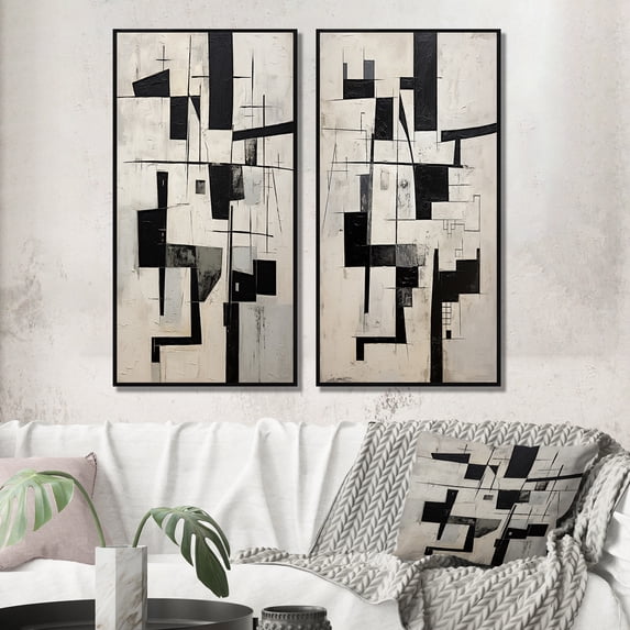 Designart "Abstract Geometrics Garden Of Urban Groove IX" Modern Geometric Framed Wall Art Set Of 2 - Modern Black Framed Canvas Set For Living Room Decor
