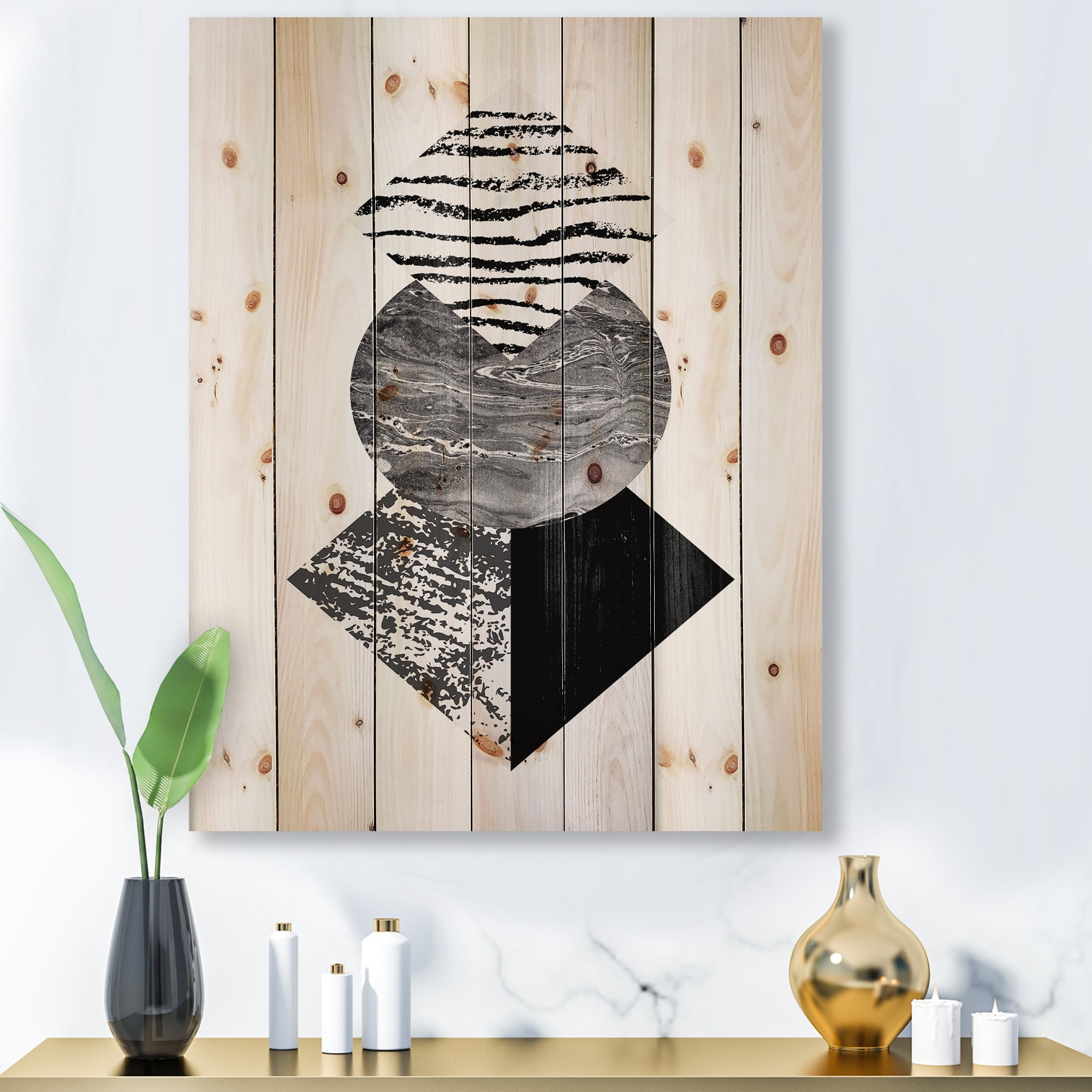 Designart 'Abstract Geometry Shapes With Tropical Palm Leaf I' Modern Print on Natural Pine Wood