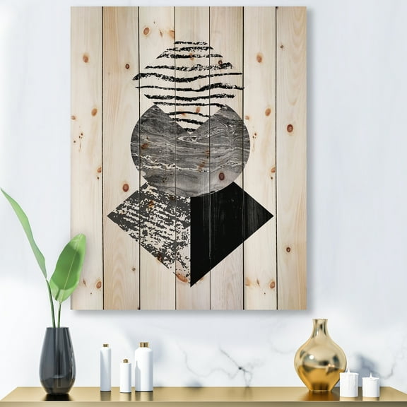 Designart 'Abstract Geometry Shapes With Tropical Palm Leaf I' Modern Print on Natural Pine Wood