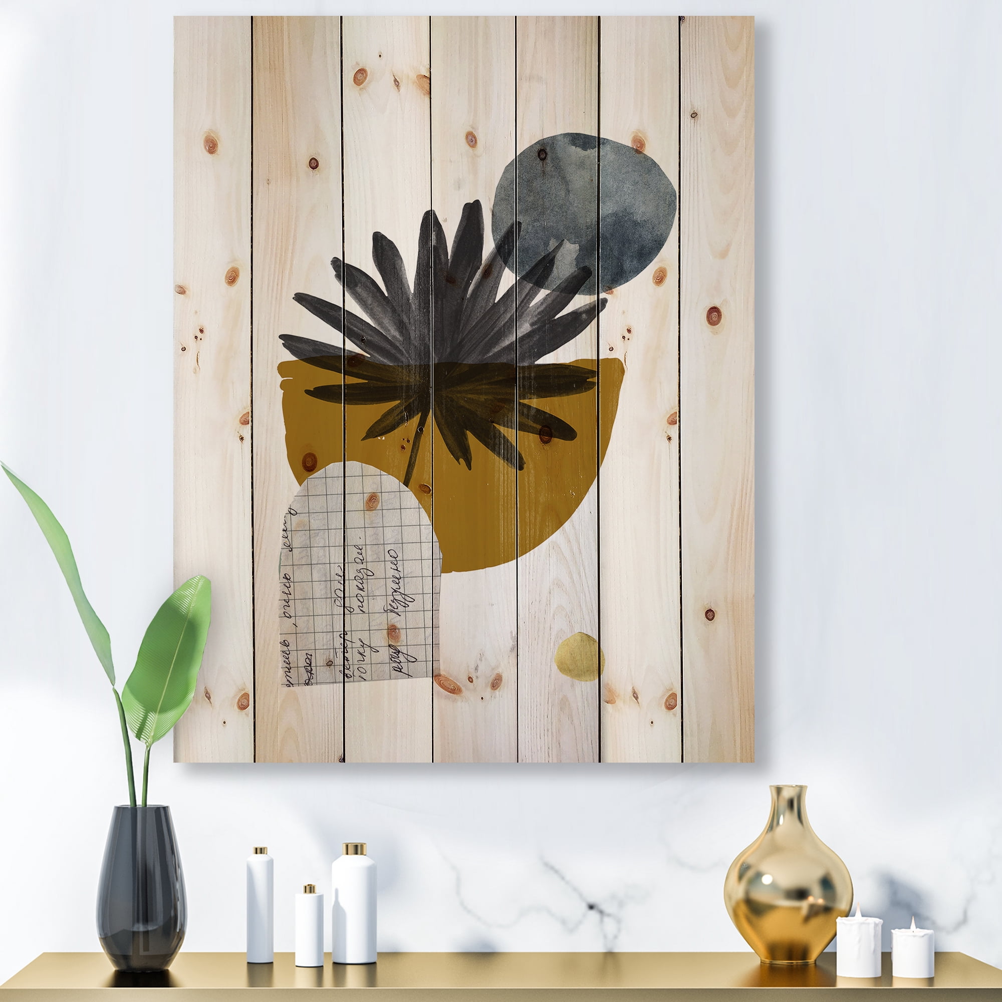 Designart 'Abstract Geometry Shapes and Tropical Palm Leaf I' Modern Print on Natural Pine Wood