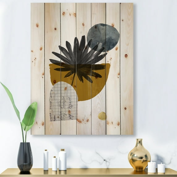 Designart 'Abstract Geometry Shapes and Tropical Palm Leaf I' Modern Print on Natural Pine Wood