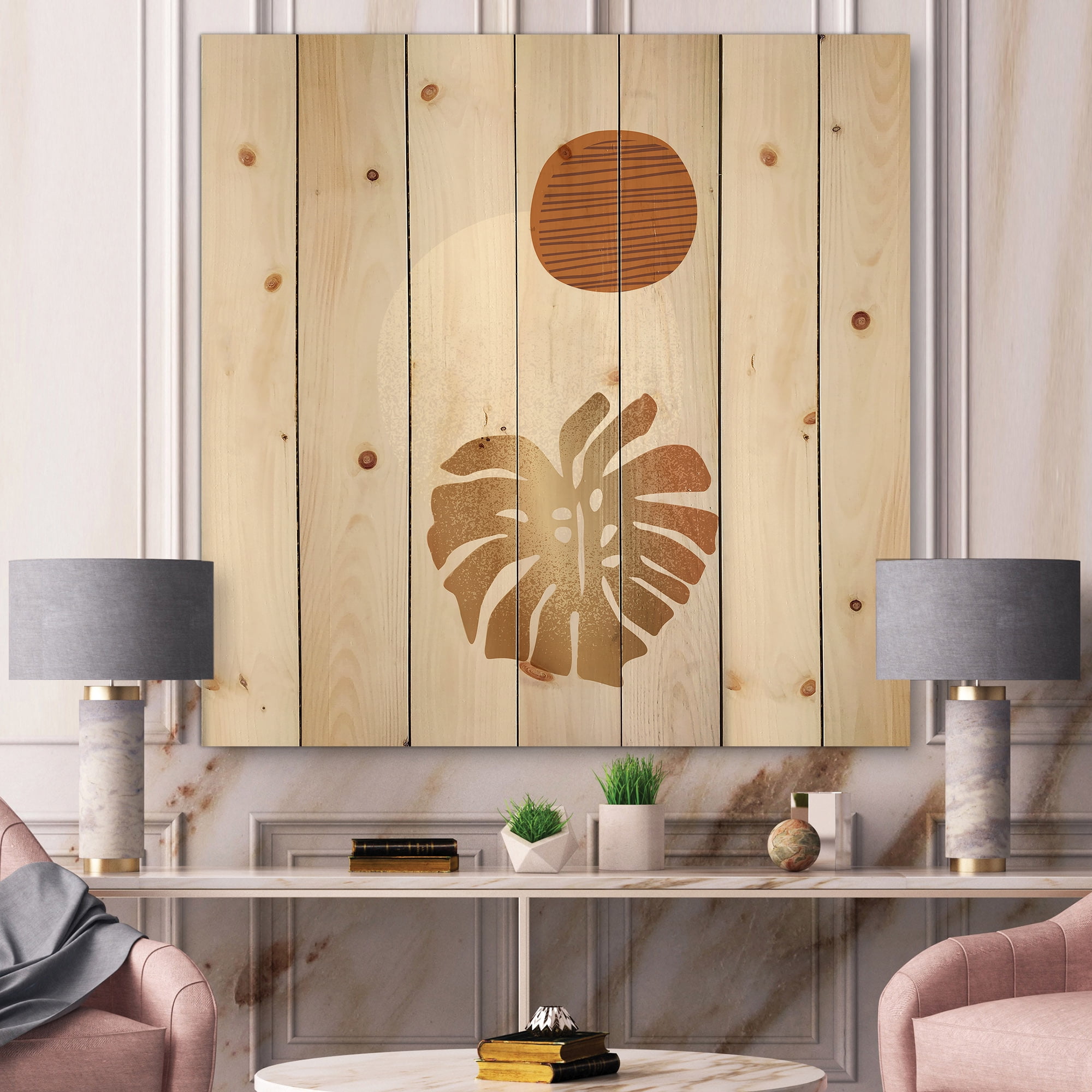 Designart 'Abstract Geometry Shapes and Tropical Palm Leaf II' Modern Print on Natural Pine Wood