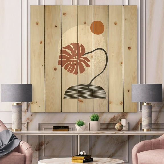 Designart 'Abstract Geometry Shapes and Tropical Palm Leaf III' Modern Print on Natural Pine Wood