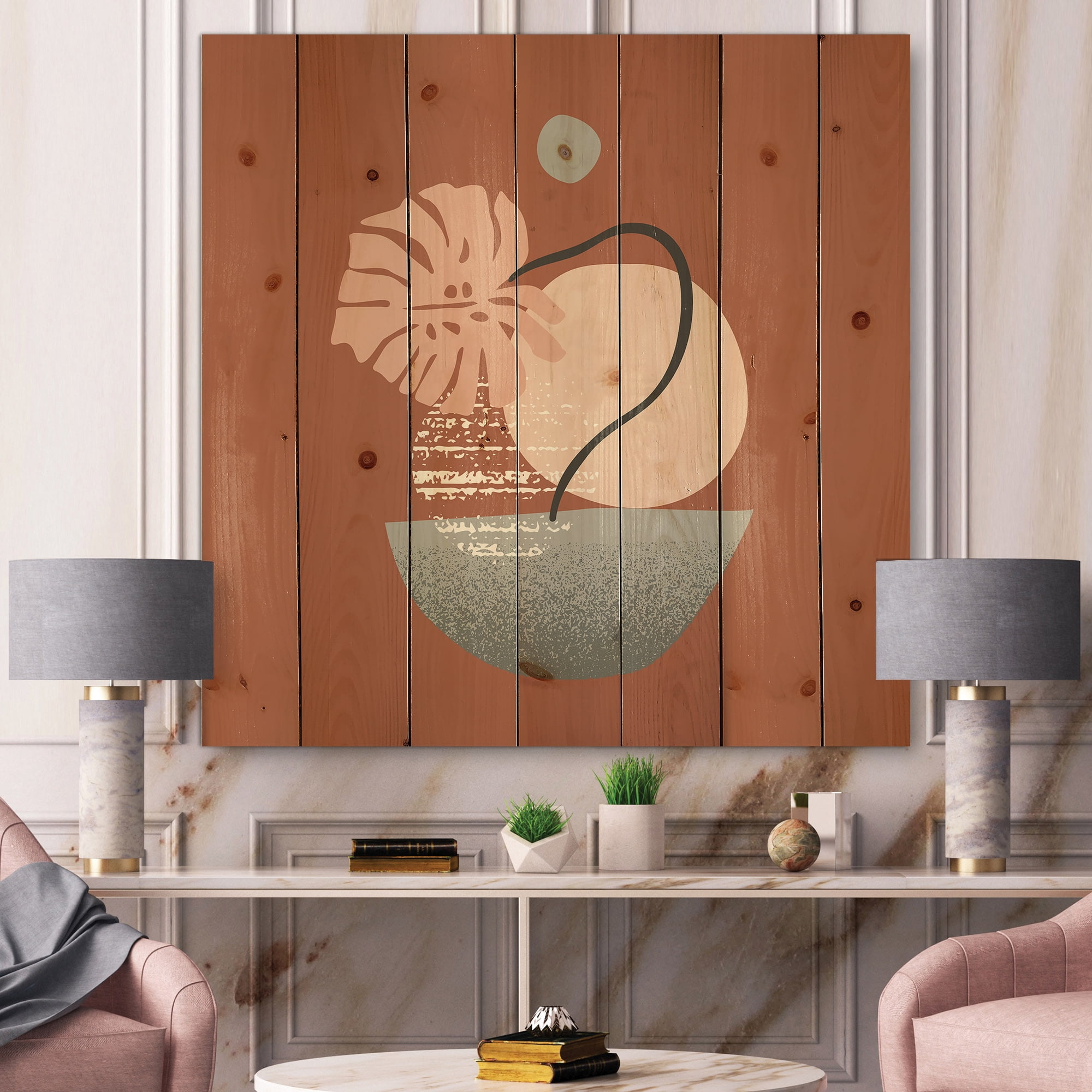 Designart 'Abstract Geometry Shapes and Tropical Palm Leaf IV' Modern Print on Natural Pine Wood