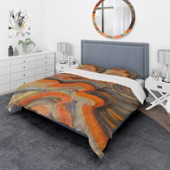 Designart 'Abstract Gilded Orange Waves' Geometric Duvet Cover Set
