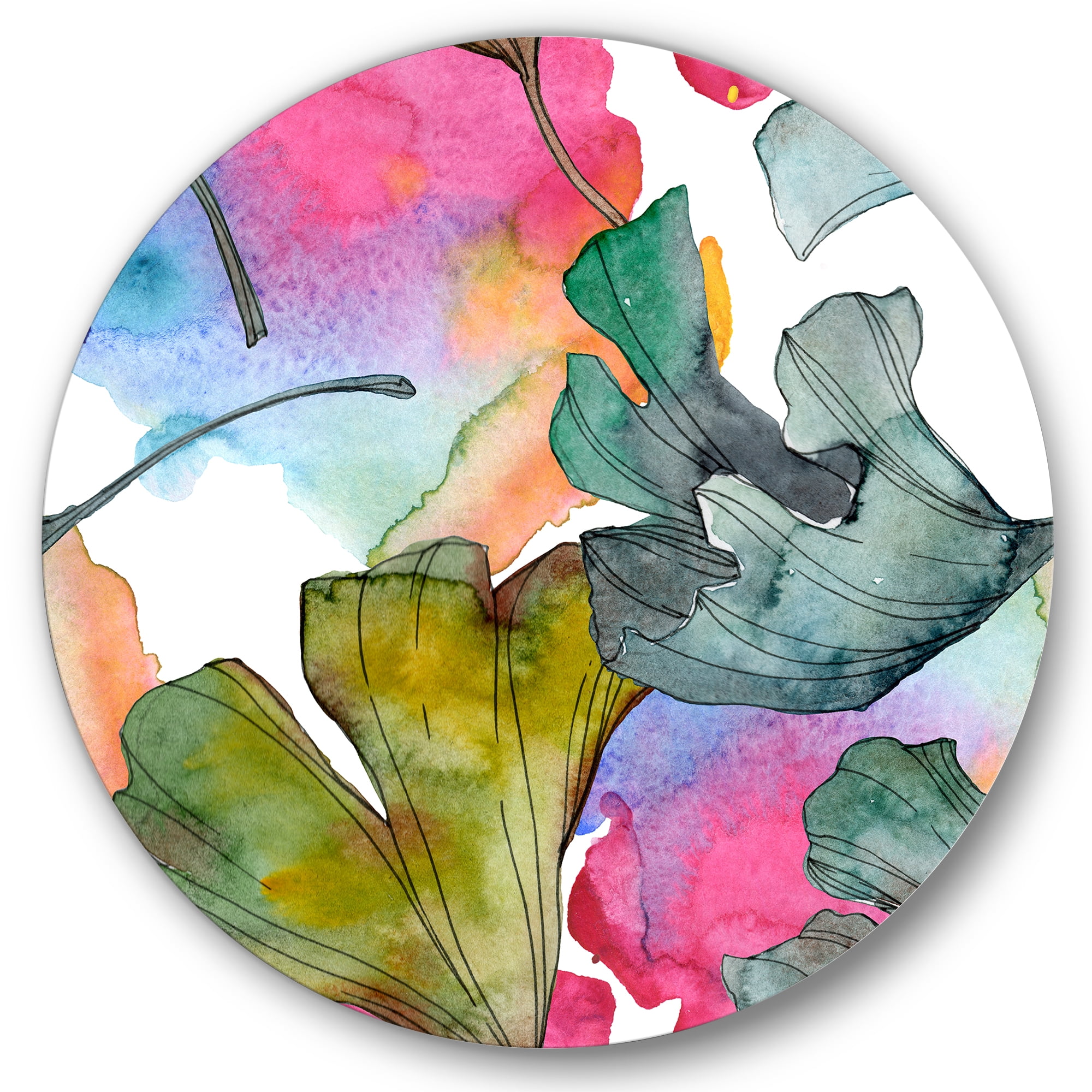 Designart 'Abstract Ginkgo Biloba Leaf Foliage' Traditional Circle Metal Wall Art 29x29 - Disc of 29