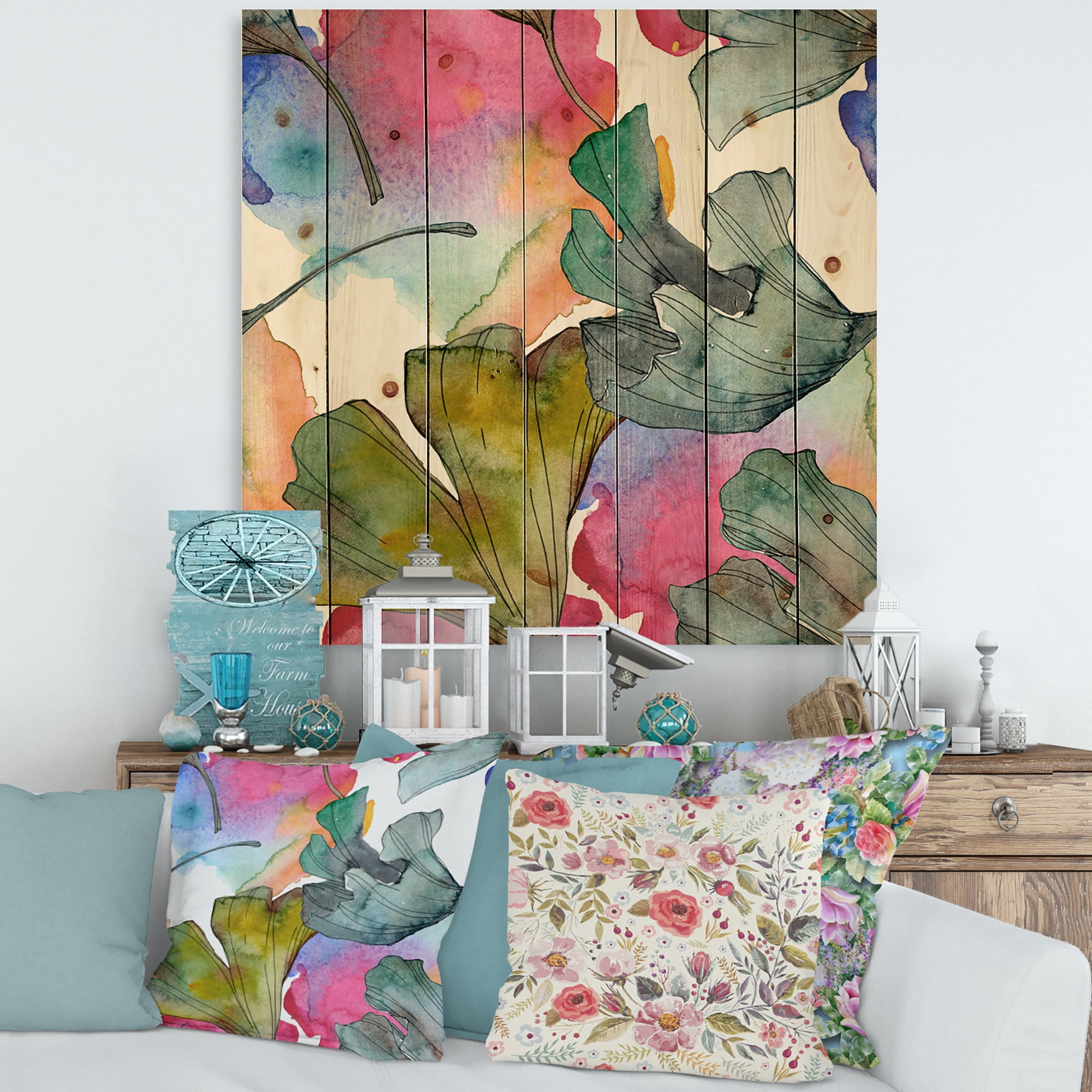 Designart 'Abstract Ginkgo Biloba Leaf Foliage' Traditional Print on Natural Pine Wood