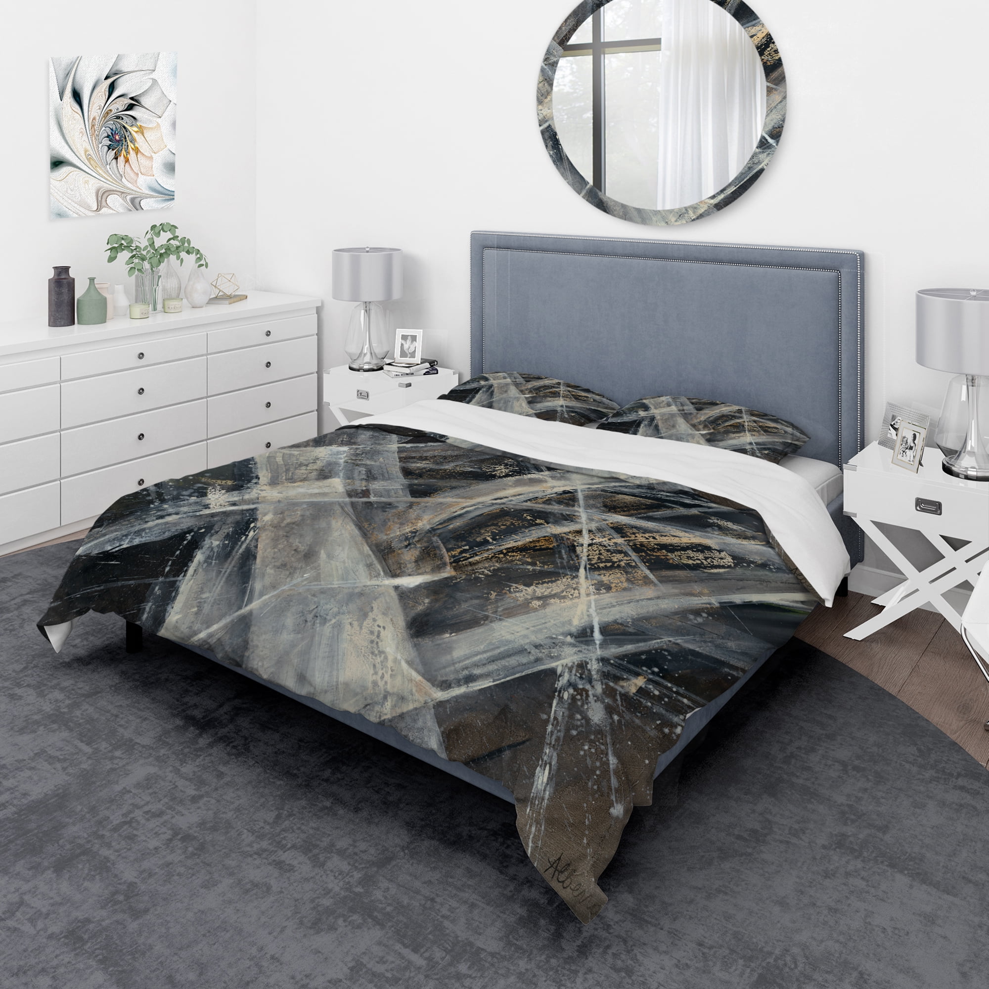 Designart 'Abstract Glacial Black and White Painting' Geometric Duvet Cover Set