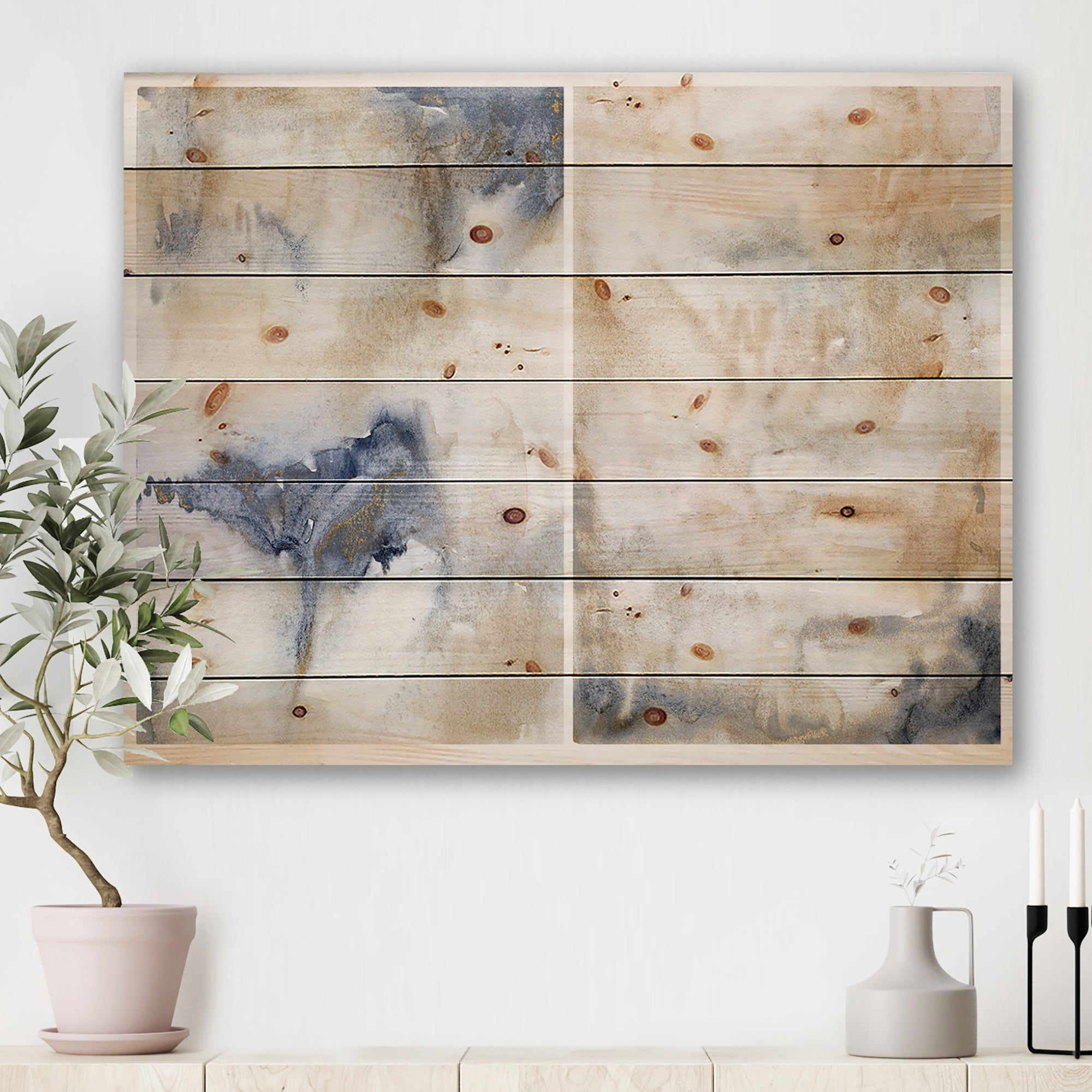 Designart 'Abstract Gold Beige Pink and Dark Pastel Strokes' Modern Print on Natural Pine Wood