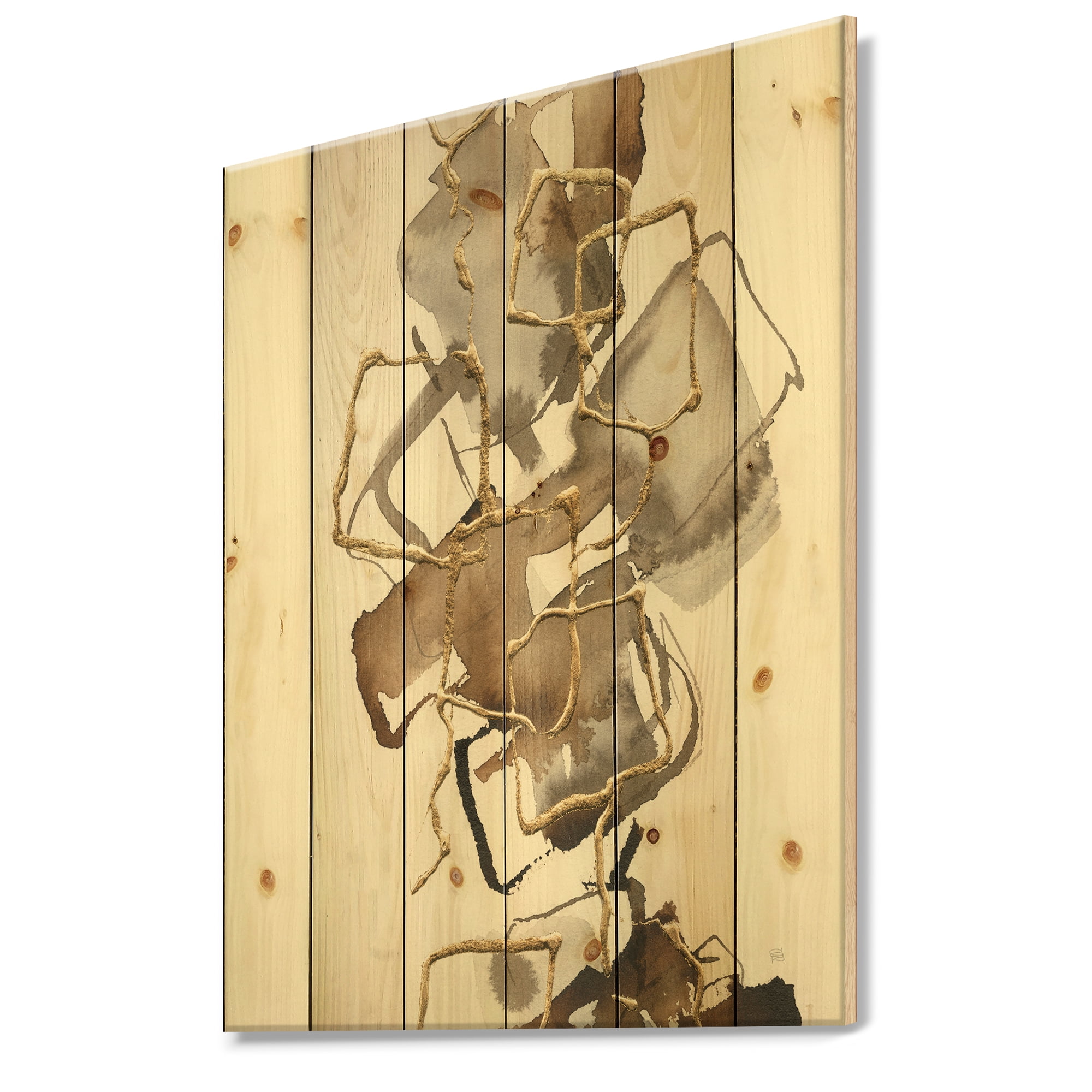 Designart 'Abstract Gold Glam Squares III' Modern & Contemporary Print on Natural Pine Wood