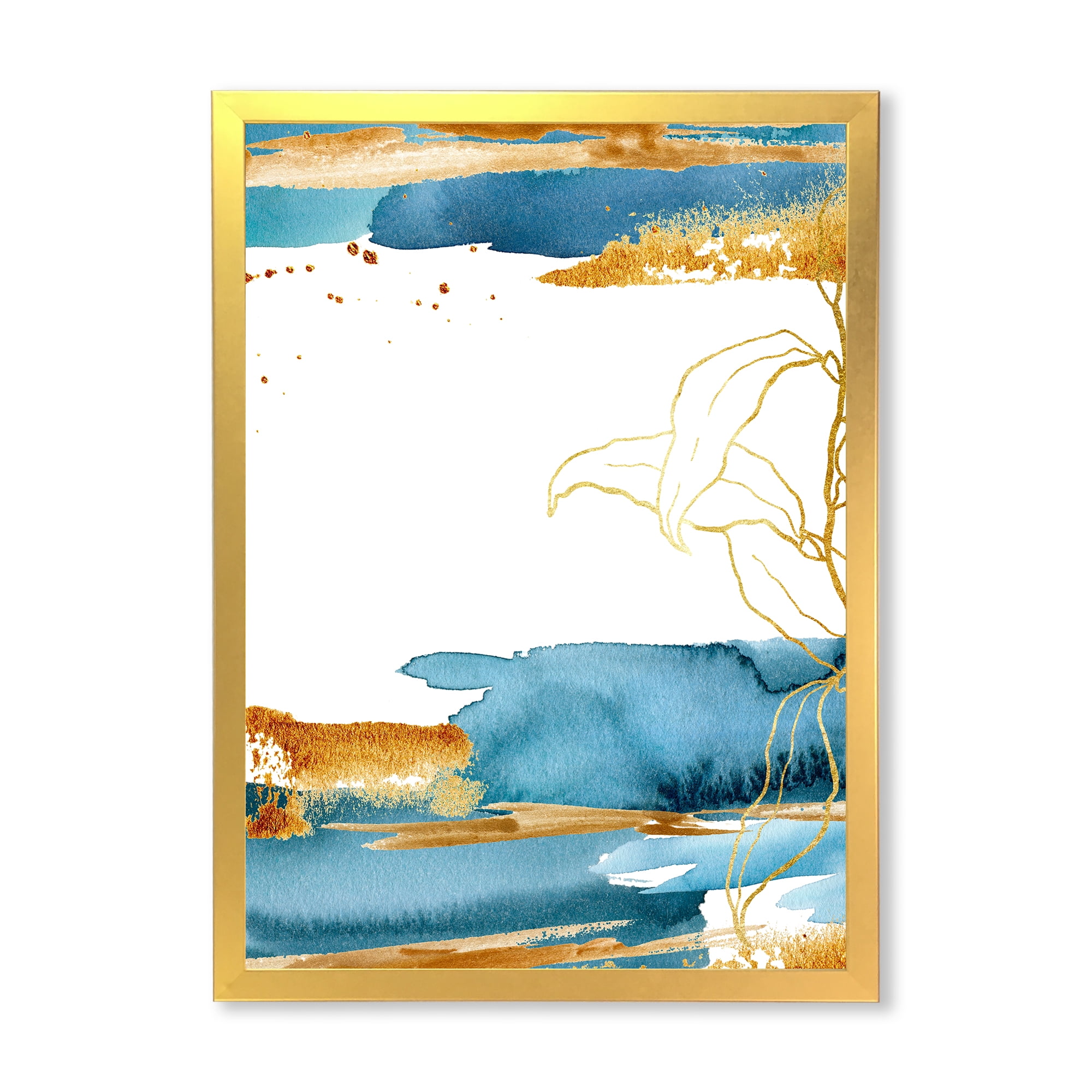 Designart 'Abstract Golden Laminaria Branch & Leaves' Traditional Framed Art Print