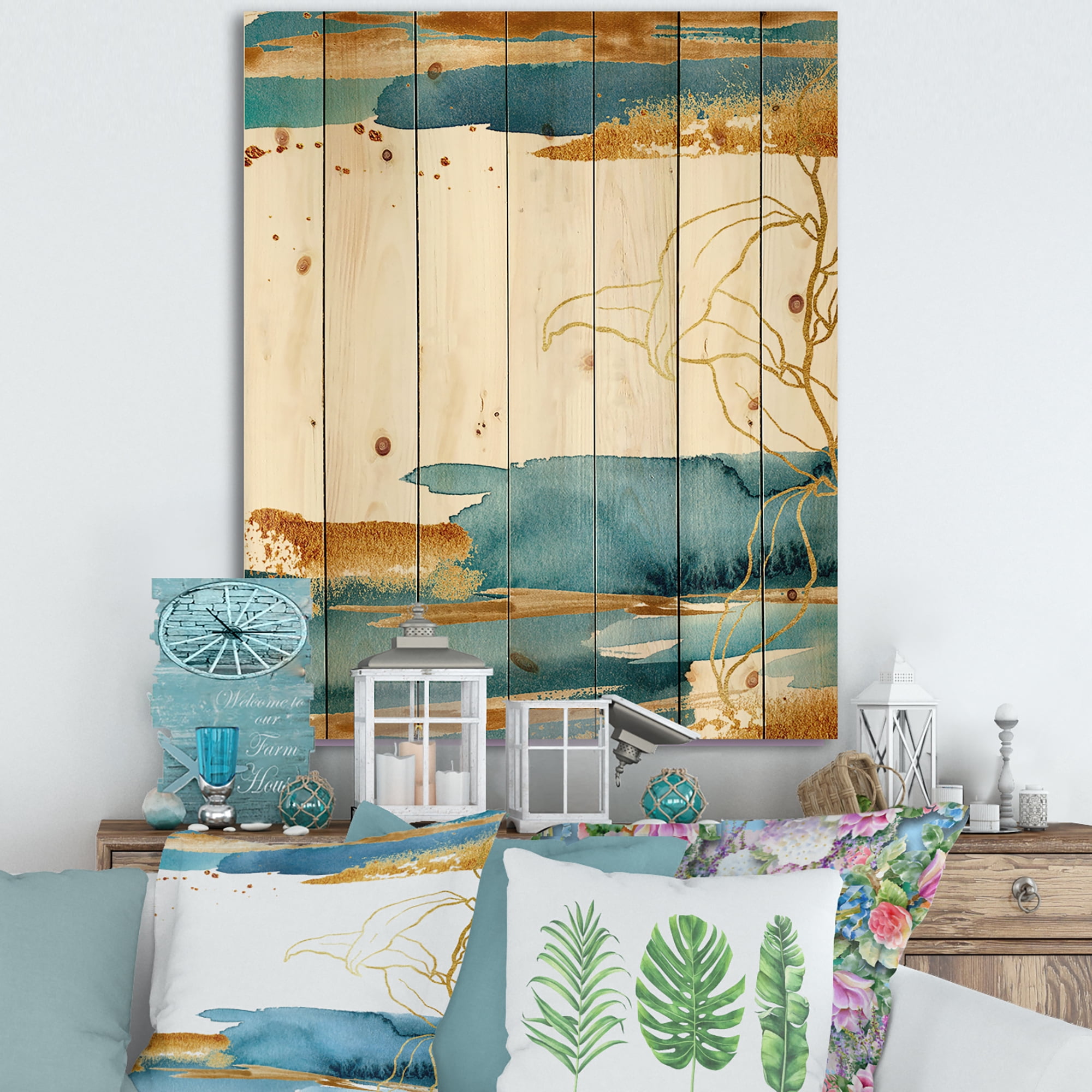 Designart 'Abstract Golden Laminaria Branch & Leaves' Traditional Print on Natural Pine Wood