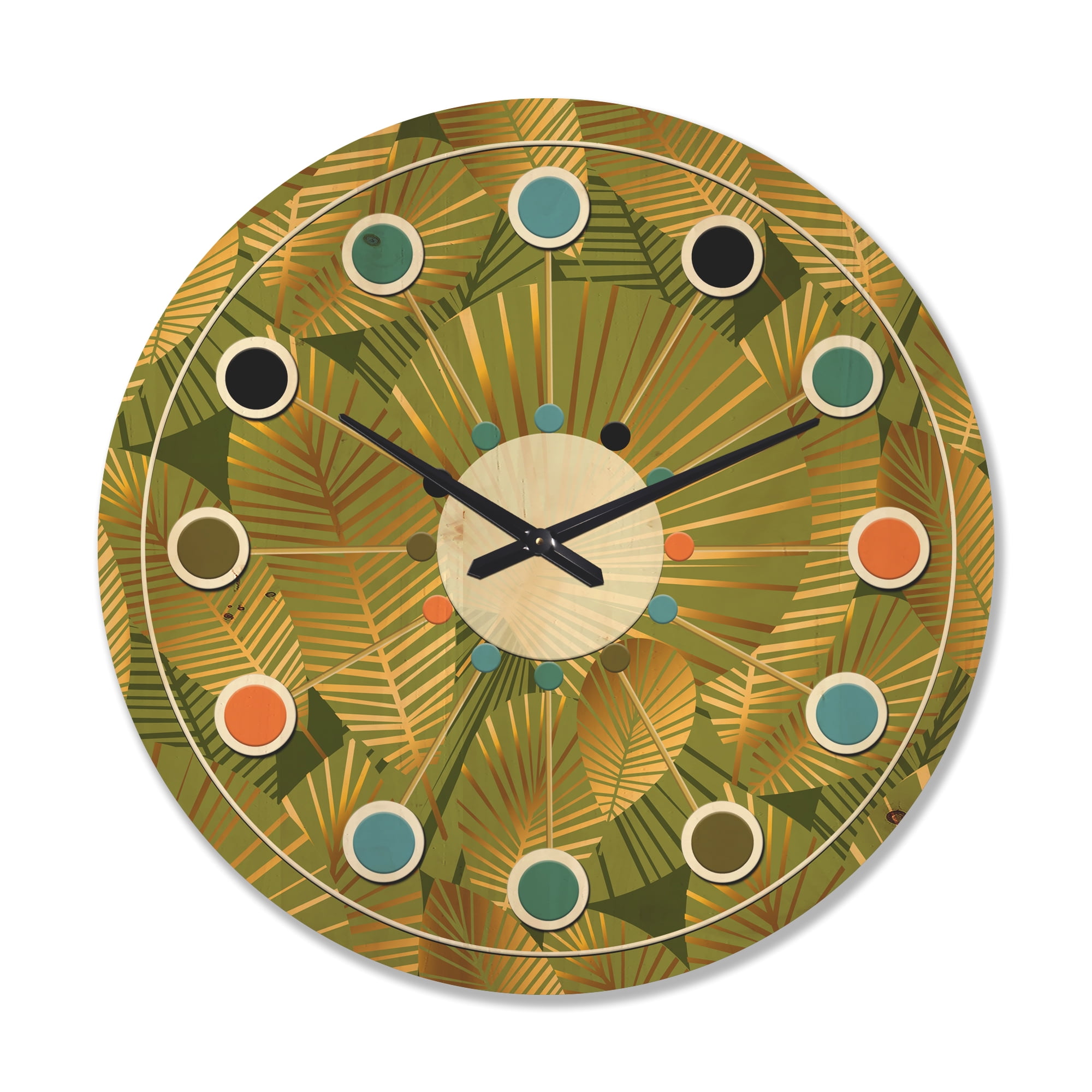 Designart 'Abstract Golden Leaves I' Mid-Century Modern Wood Wall Clock