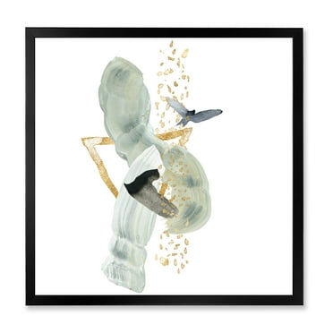 Designart 'Abstract Golden Mountain With Bird and Moon' Modern Framed Art Print