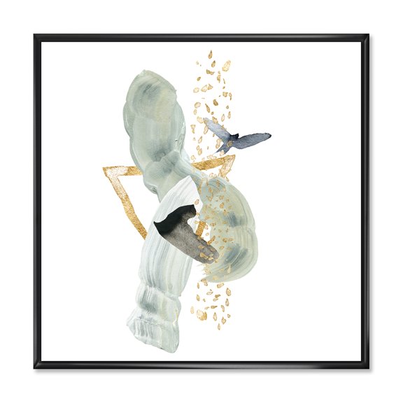 Designart 'Abstract Golden Mountain With Bird and Moon' Modern Framed Canvas Wall Art Print