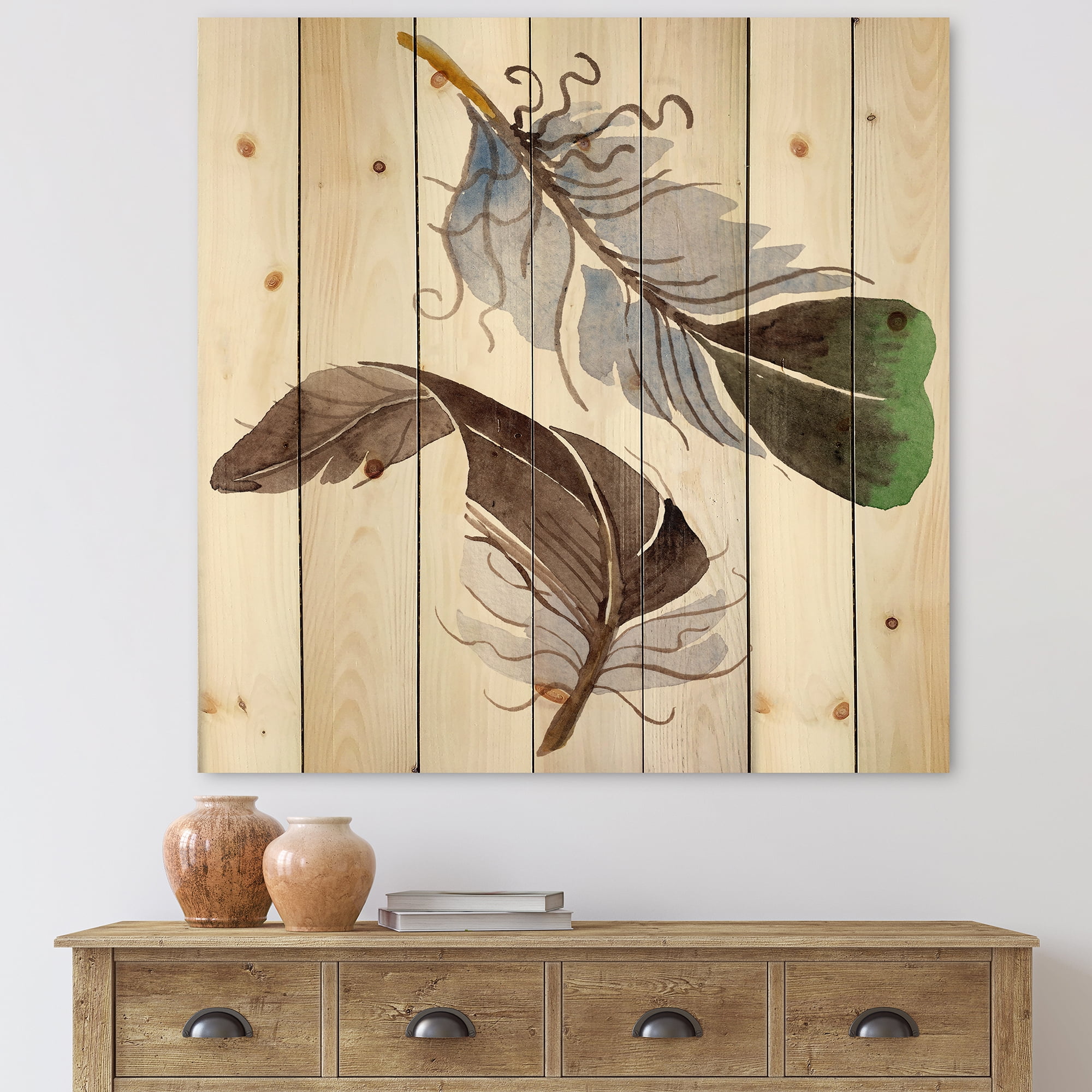 Designart 'Abstract Green Bird Feather From Wing' Bohemian & Eclectic Print on Natural Pine Wood