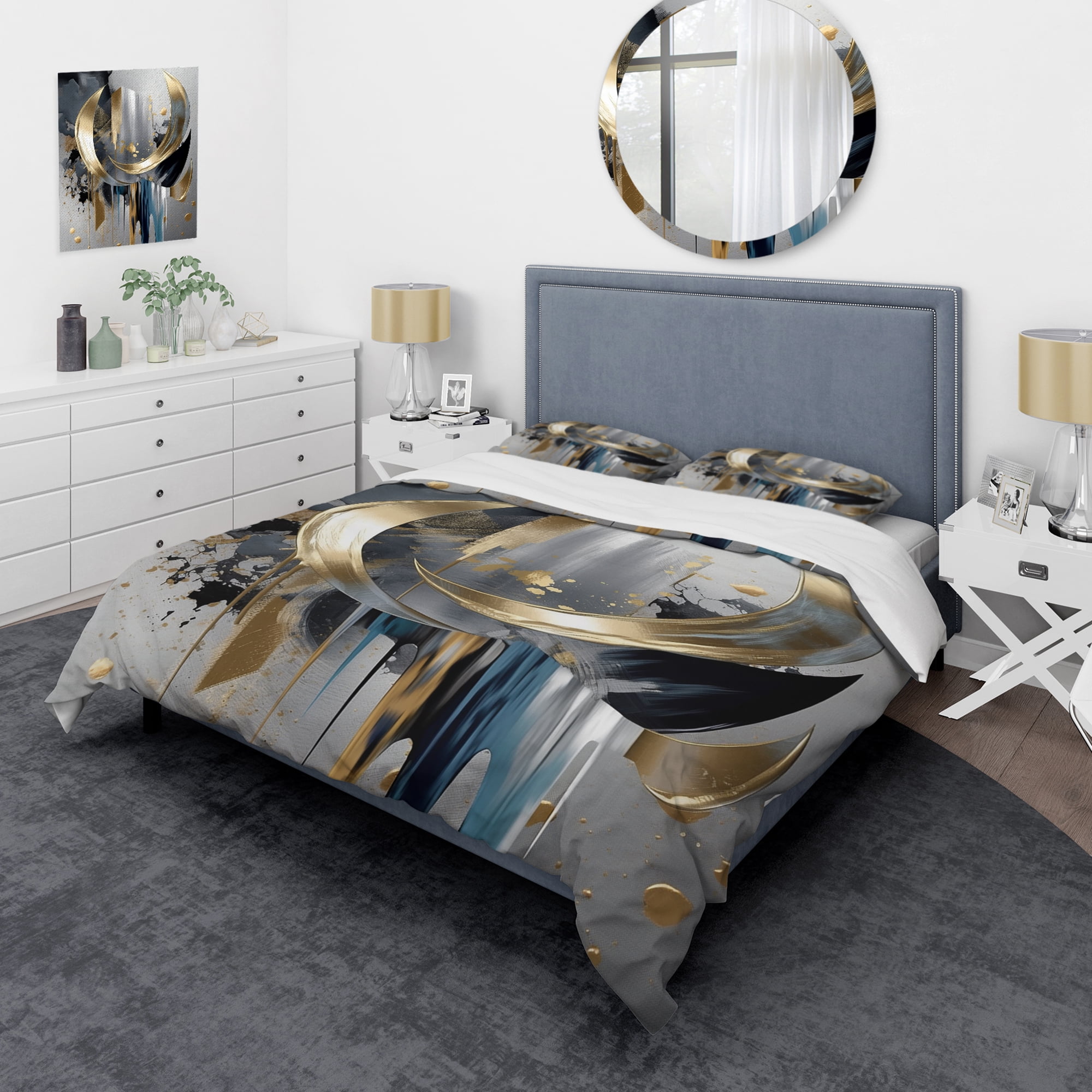 Queen Gray and Gold Abstract Marble Microfiber Duvet Cover Set