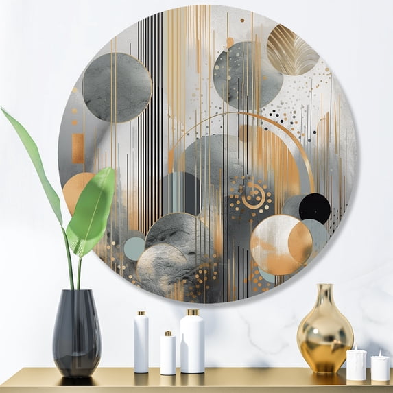 Designart "Abstract Harmony Shapes and Lines II" Abstract Marble Metal Round Wall Art Prints