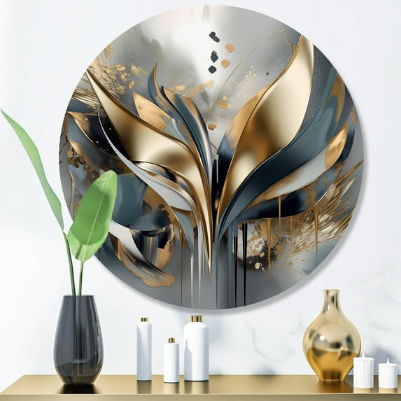 Designart "Abstract Harmony Shapes and Lines IV" Abstract Marble Metal Round Art Print
