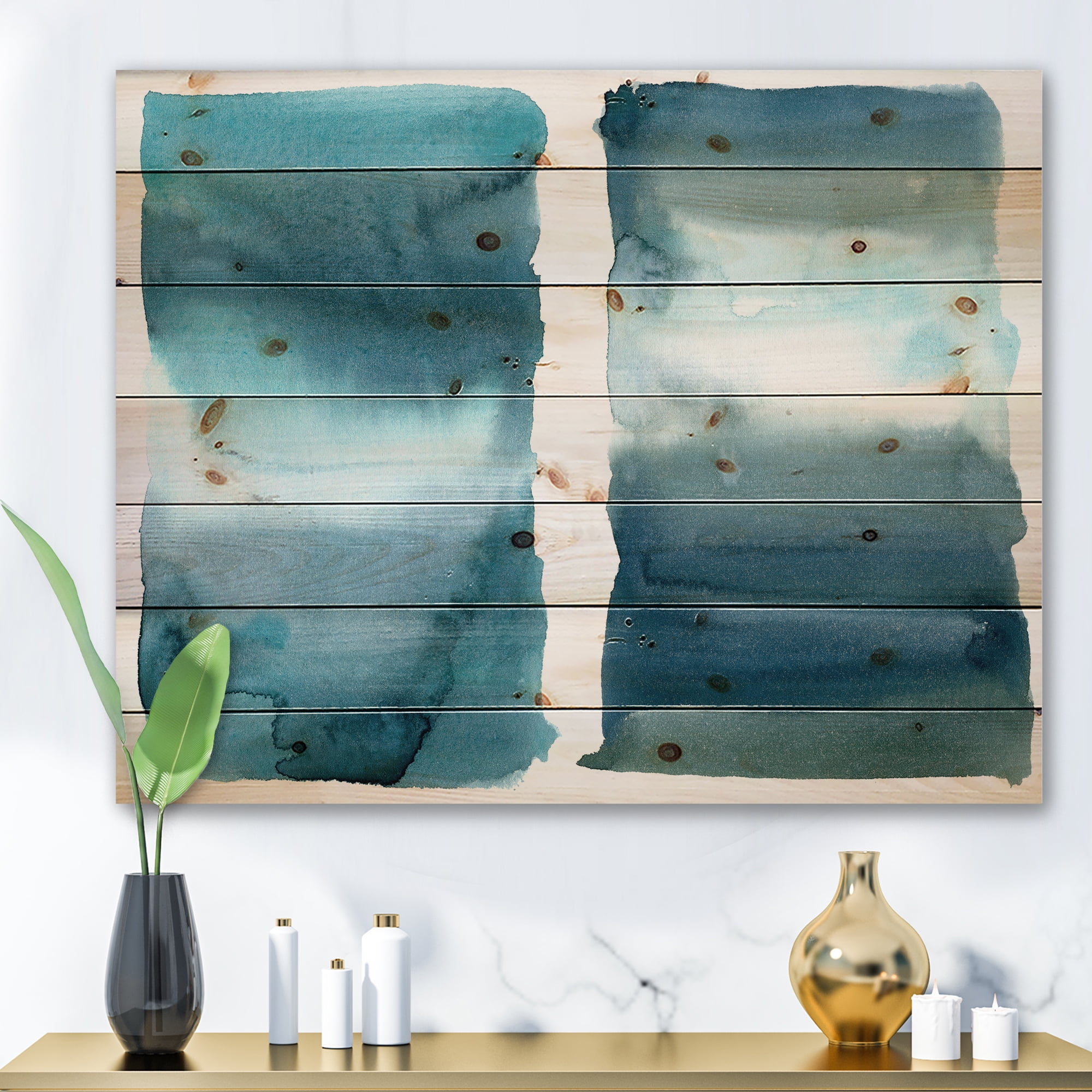 Designart 'Abstract Impression Ocean Blue Aquatic I' Modern Print on Natural Pine Wood