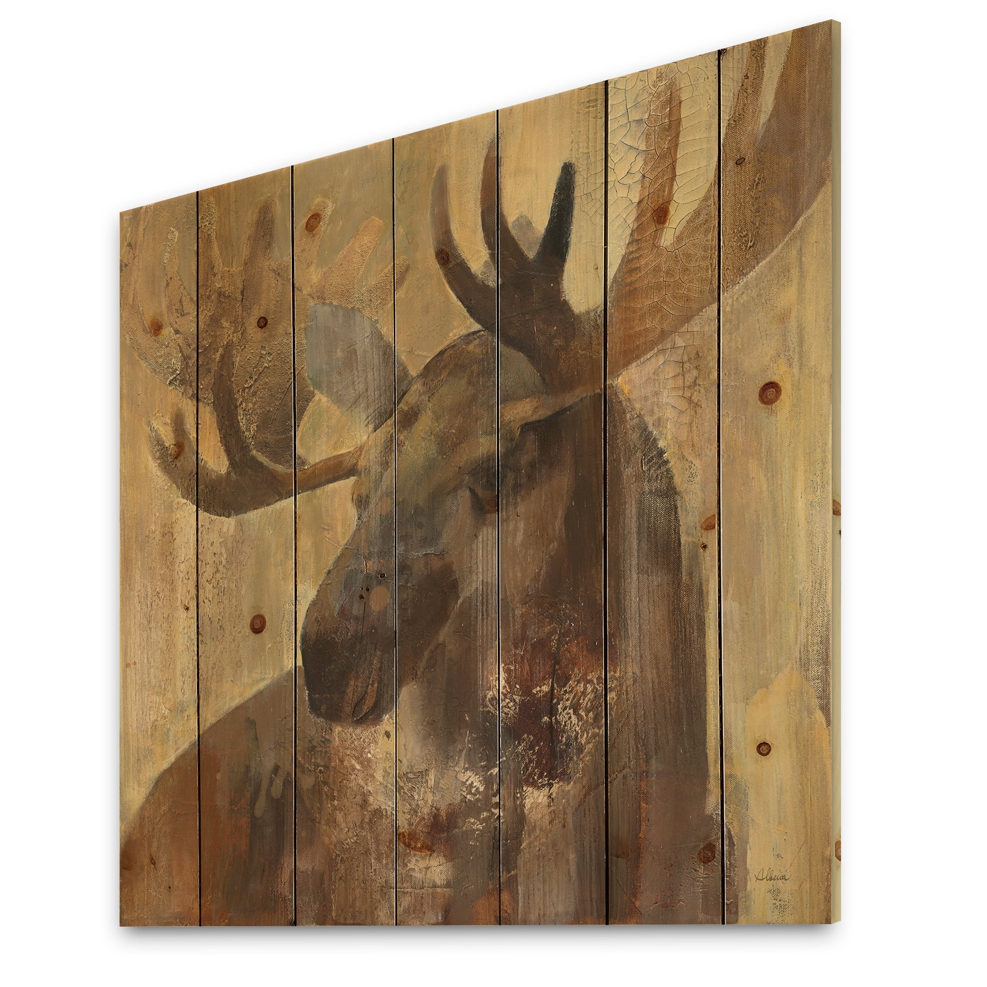Designart 'Abstract Into the Wild Gold Moose' Farmhouse Print on Natural Pine Wood