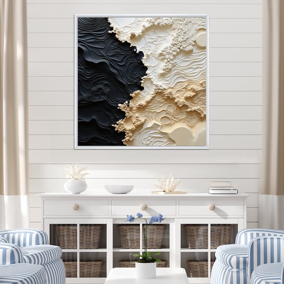 Designart "Abstract Ivory And Ebony Fluid Art" Coastal Floater Framed Wall Decor