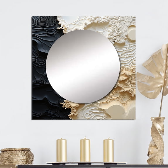Designart "Abstract Ivory And Ebony Fluid Art" coastal Cream Large Square Mirror - Square Bedroom Mirror Printed Wall Decor - Coastal Square Printed Wall Mirror Art